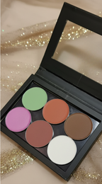 Makeup palette with six colors on a glittery background