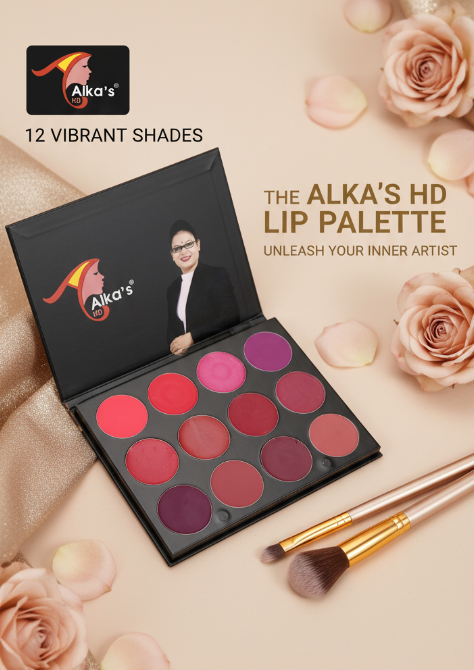 Alka's HD lip palette with makeup brushes on a beige background with roses.