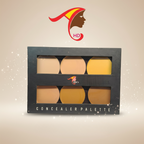 Concealer palette with six shades in a black box on a beige background