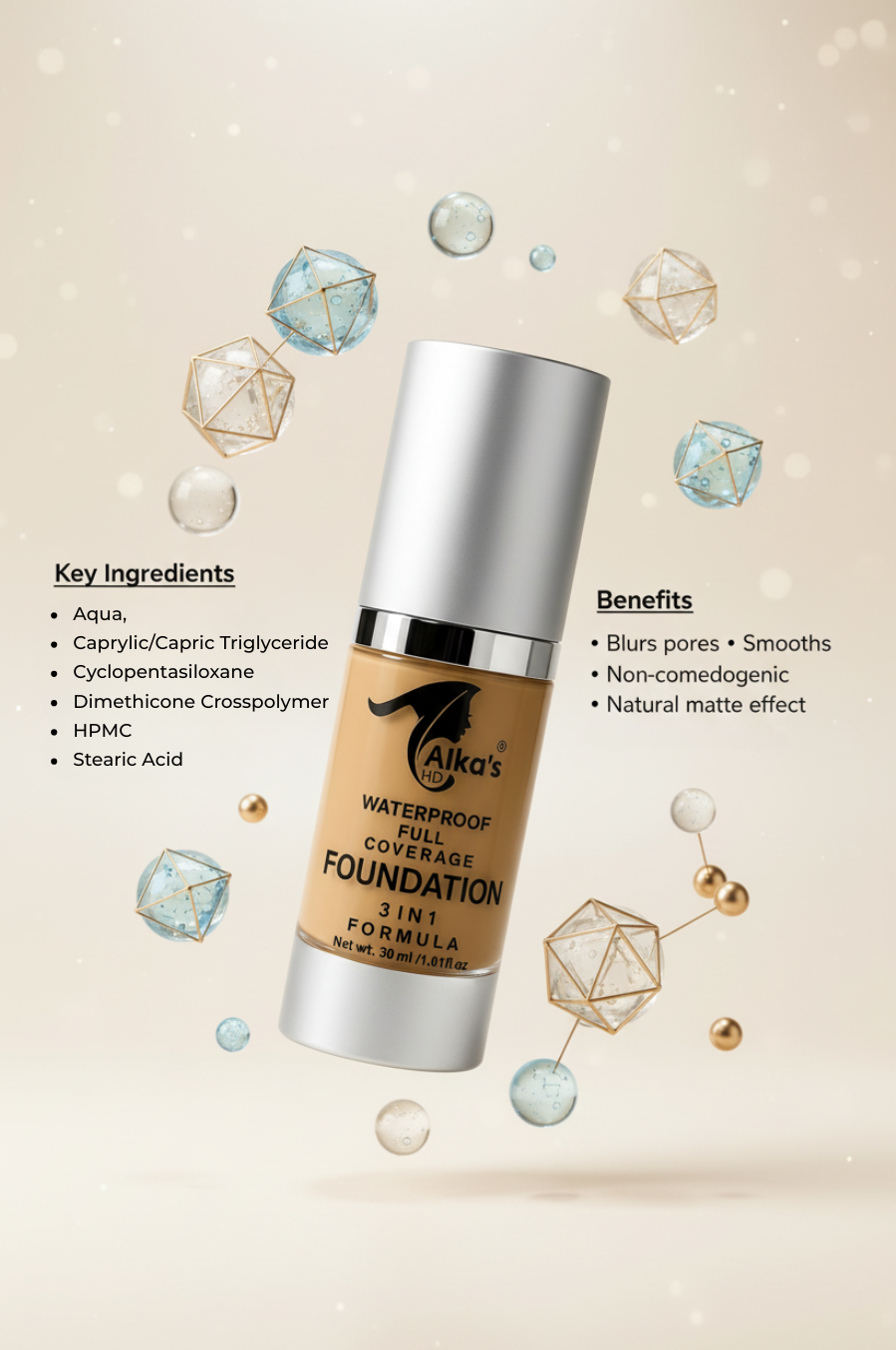 Alka's waterproof full coverage foundation bottle with key ingredients and benefits on a beige background