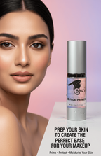 Woman's face with a bottle of Alka's Face Primer on a pink and white background