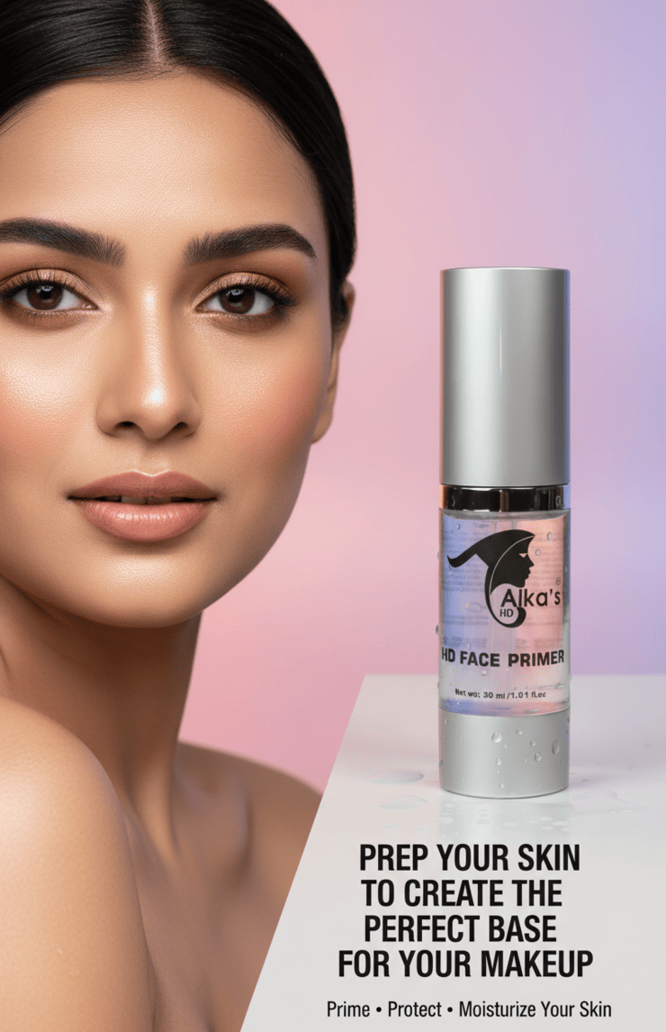 Woman's face with a bottle of Alka's Face Primer on a pink and white background