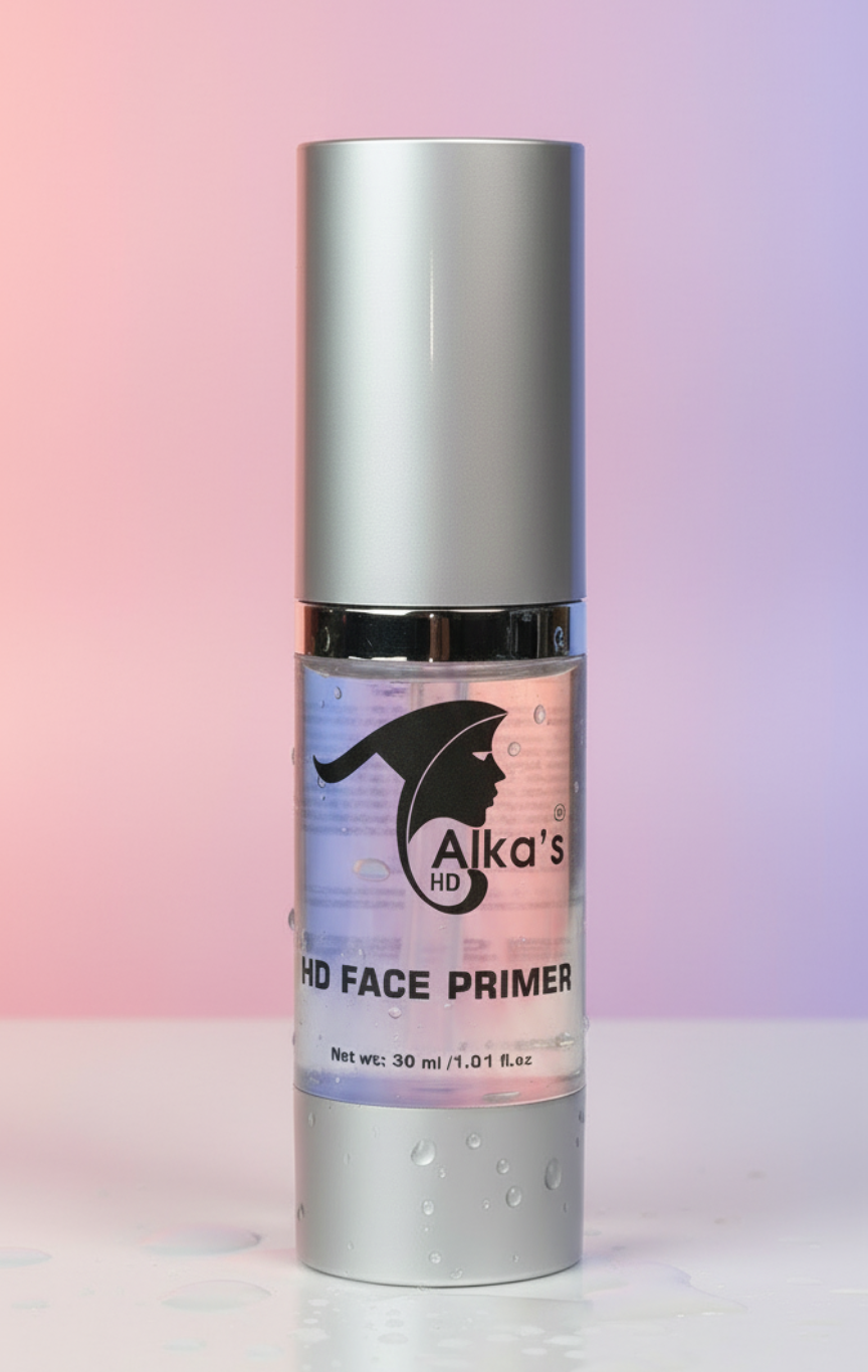 Silver bottle of Alka's face primer on a gradient pink and purple background